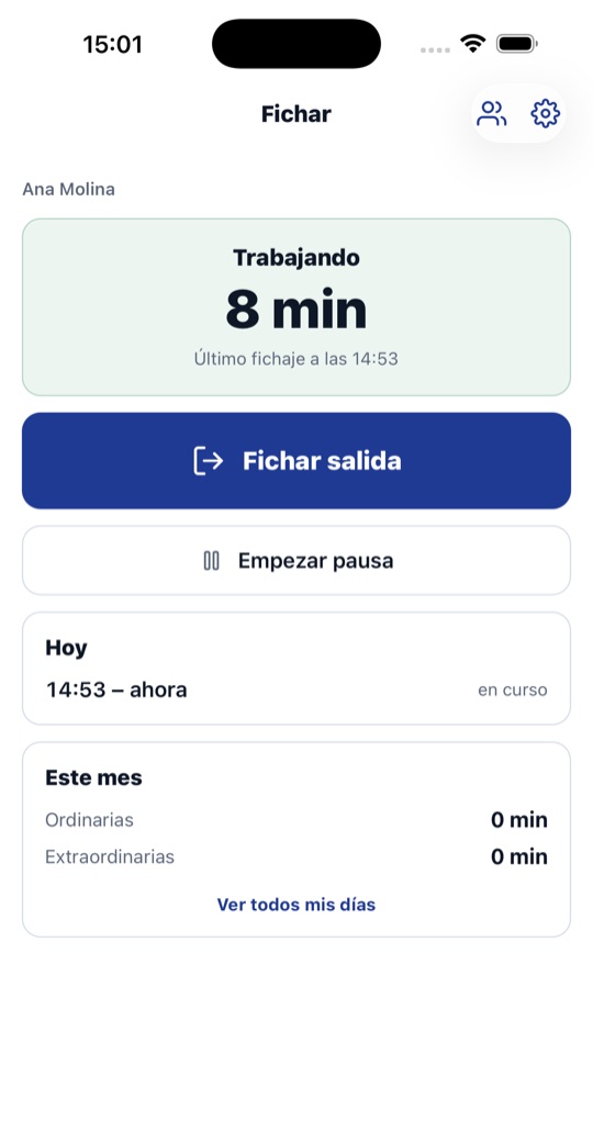 Pantalla principal de Fichaje