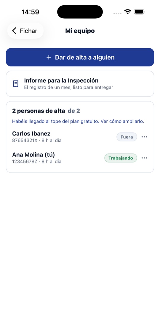 Fichaje: pantalla 2